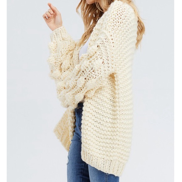 🆕M/L Cream Oversized Pom Pom Bubble Sleeve Heavy Loose Knit Cardigan Jacket - Picture 7 of 10
